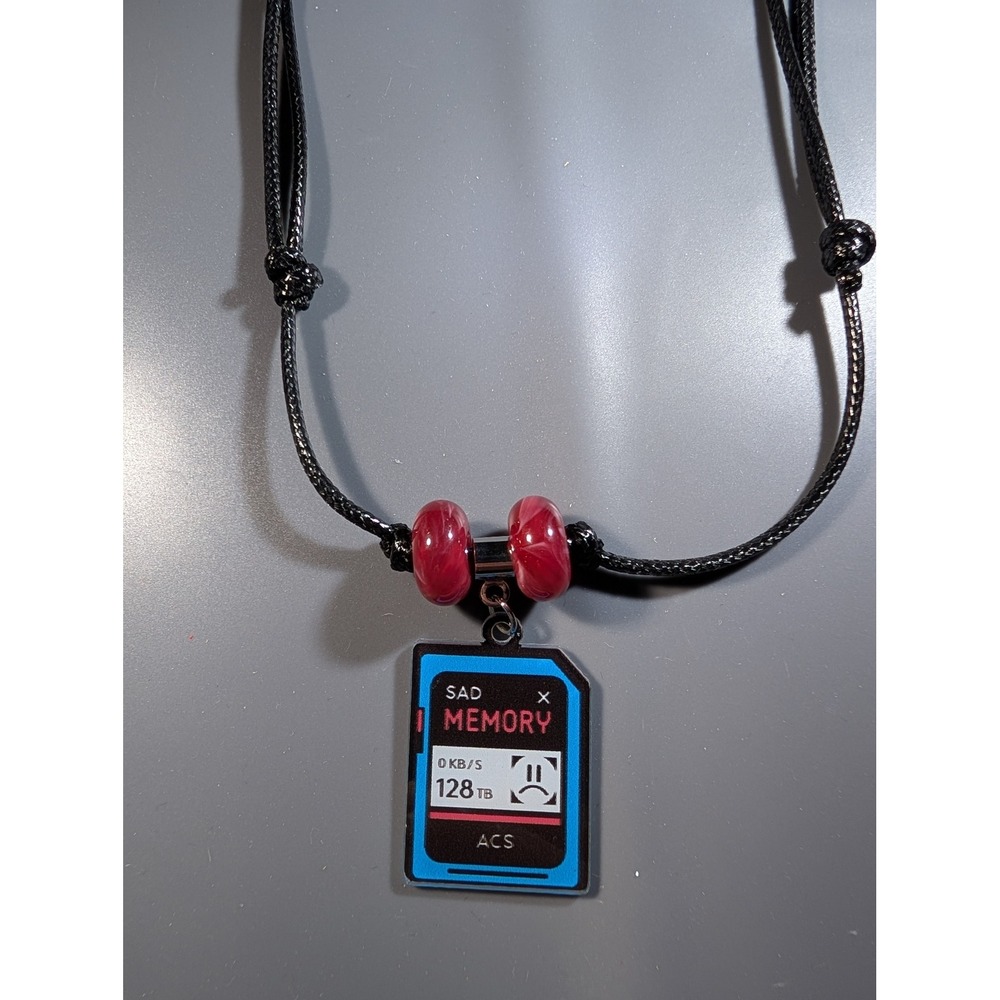 Sad Memory SD Card Pendant Necklace Adjustable Black Cord Red Beads Cyberpunk